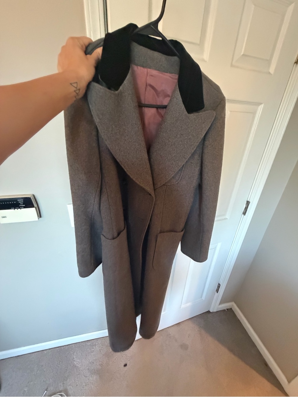 Women's Gray Wool-Blend Pea Coat with Black Velvet Collar